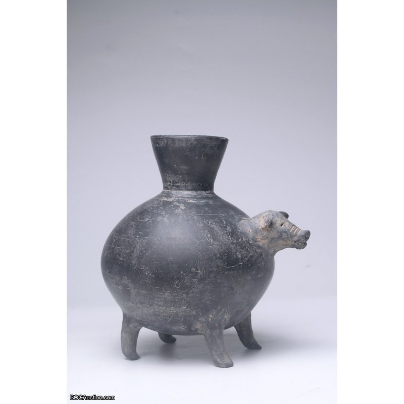 50 B.C.E Vessel in form of Pig Antique Decorative Black Ceramic Pig