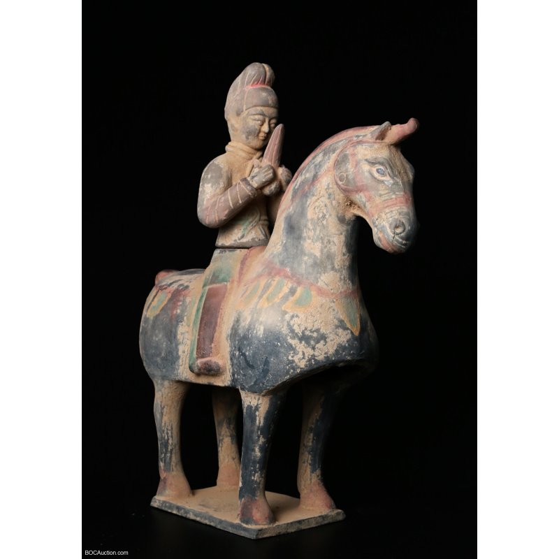 Chinese Pottery Figure of A Horse and Rider, Tang Dynasty (618- 906)