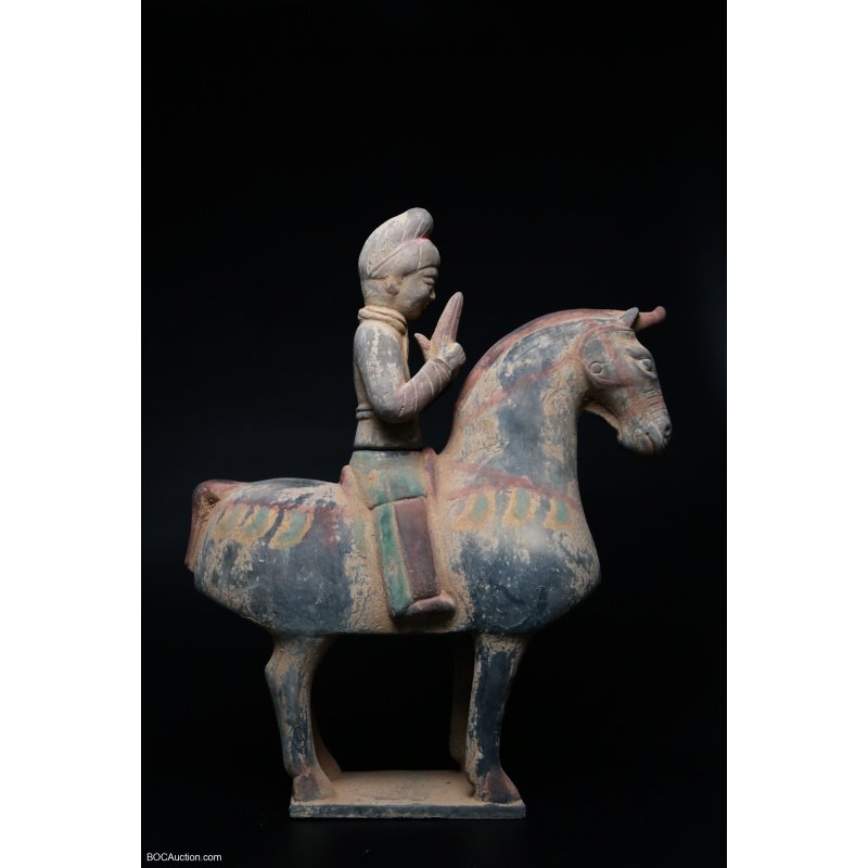 Chinese Pottery Figure of A Horse and Rider, Tang Dynasty (618- 906)