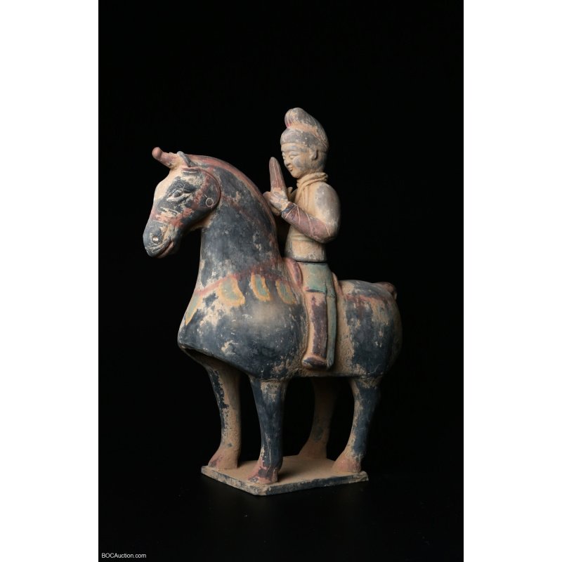 Chinese Pottery Figure of A Horse and Rider, Tang Dynasty (618- 906)