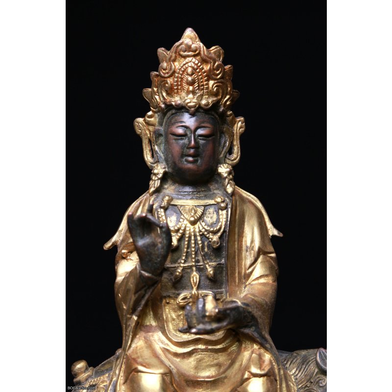Gilt Lacquered Bronze Figure of Guanyin on Lion