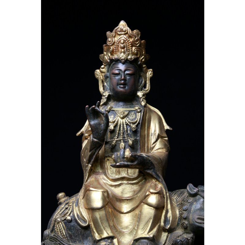 Gilt Lacquered Bronze Figure of Guanyin on Lion