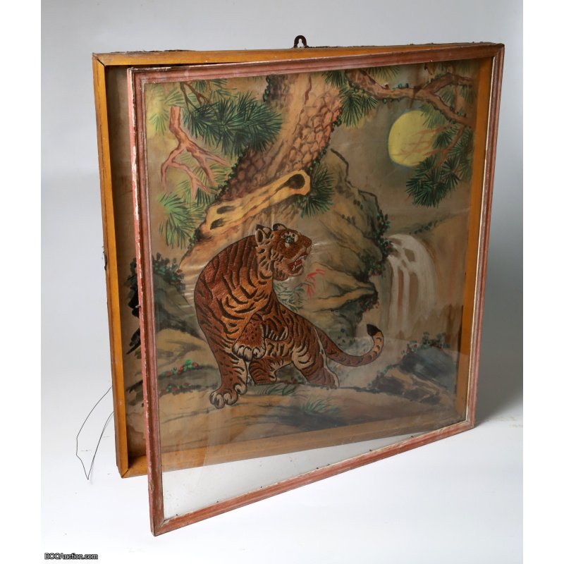 Vintage Tiger Embroidery in Shadow Box